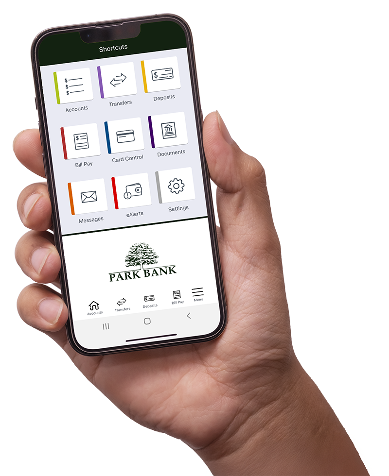 Person holding their phone with the Park Bank mobile app