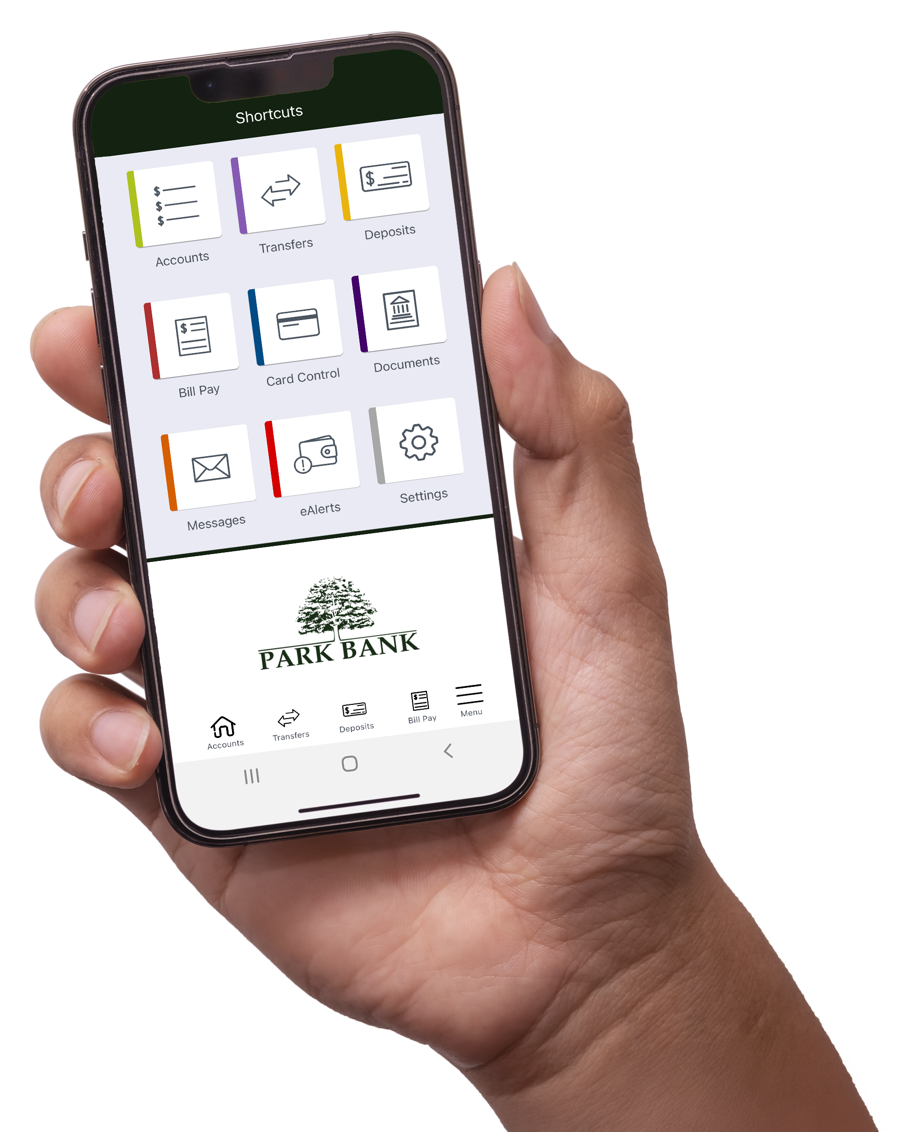Person holding their phone with the Park Bank mobile app